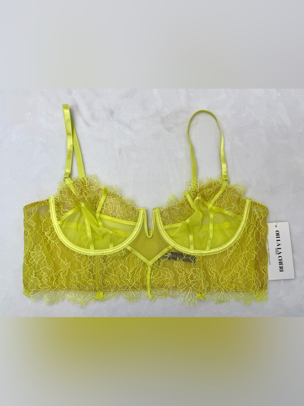 Oh La La Cheri Lace Bralette XL NWT Neon Yellow Lime Longline Bustier V-Wire Bra